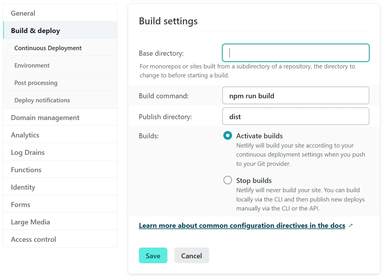 Interface Netlify avec la modification des paramètres de build