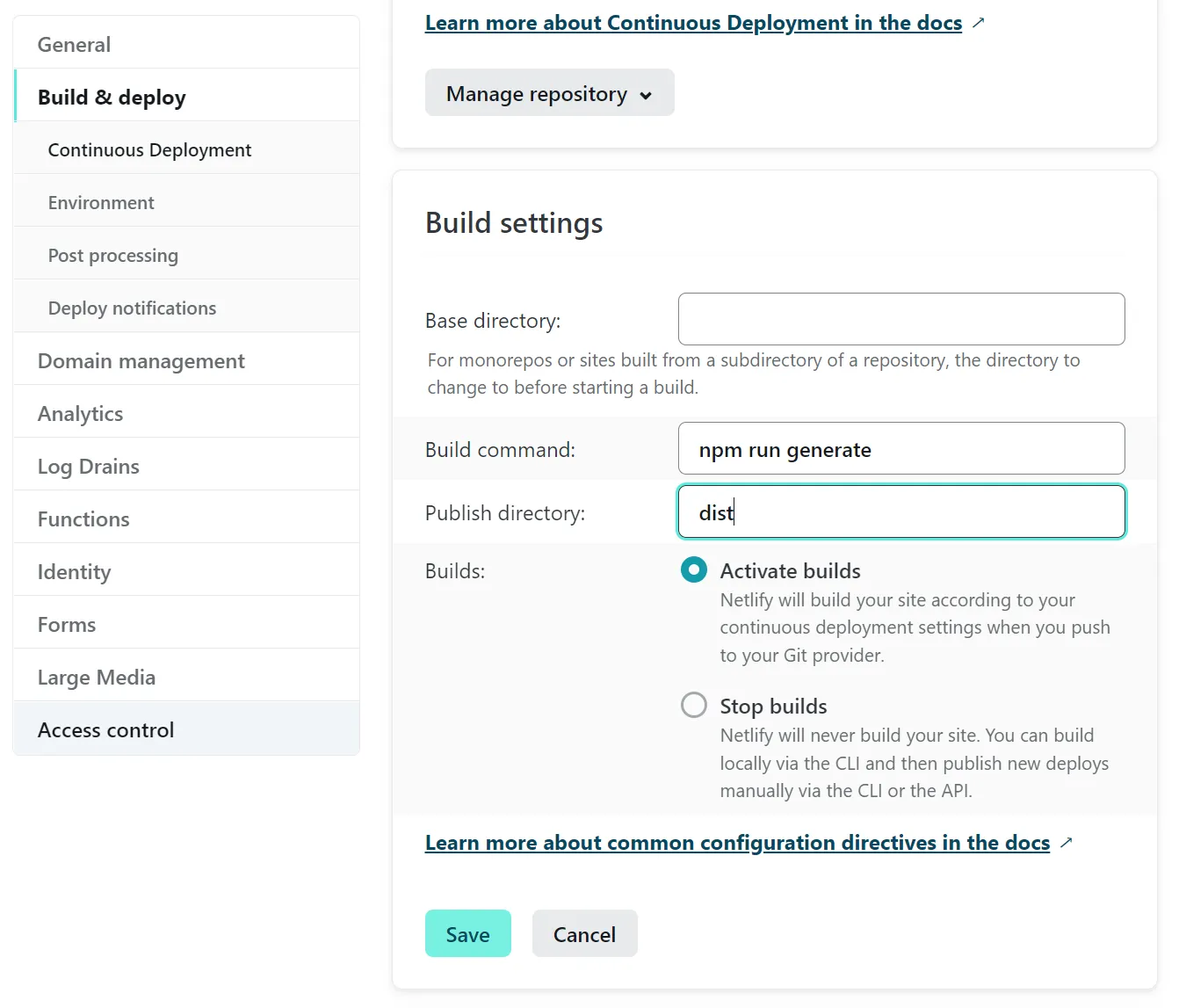 Interface Netlify pour les paramètres de build