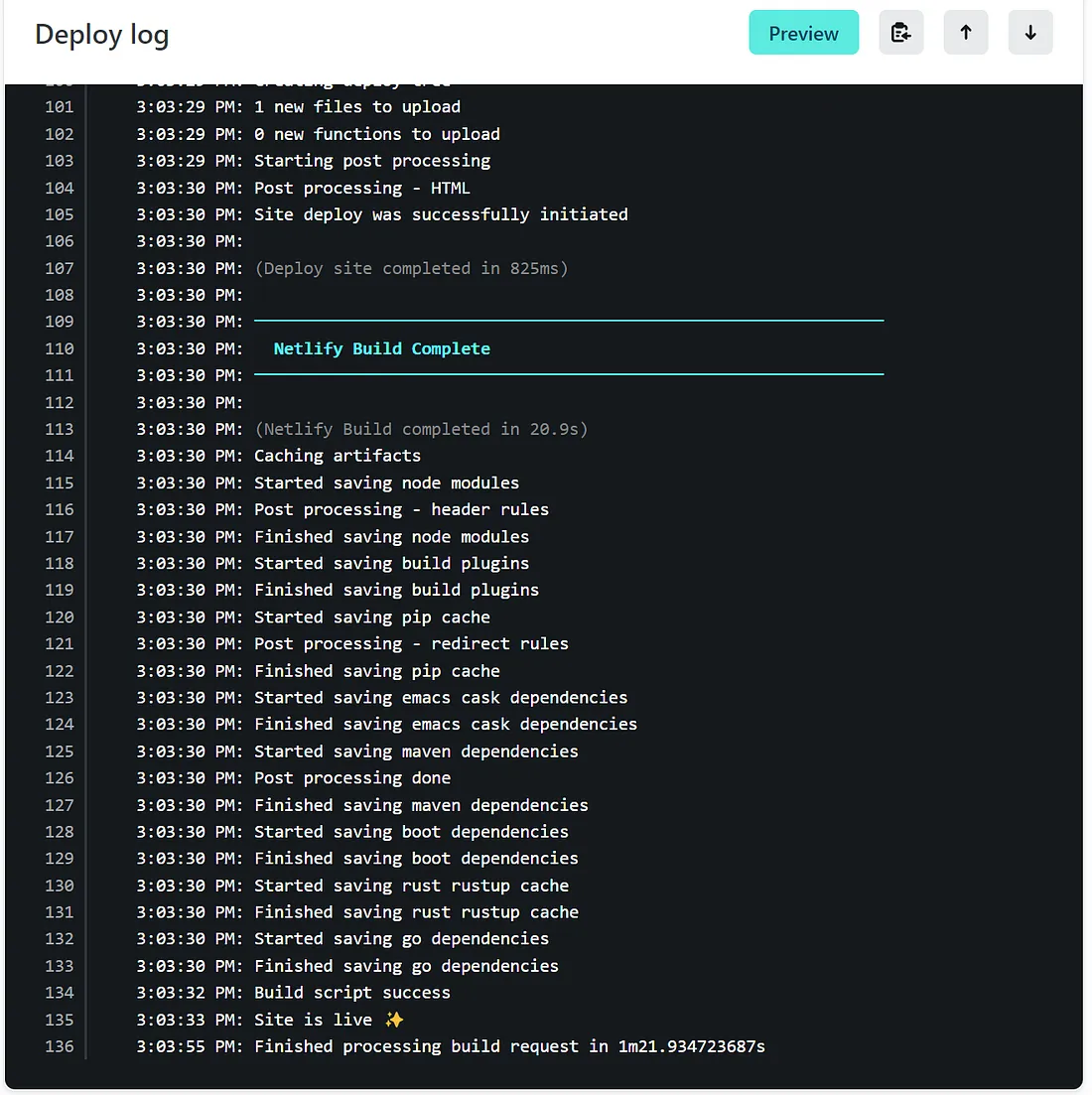 Netlify interface with deployment logs