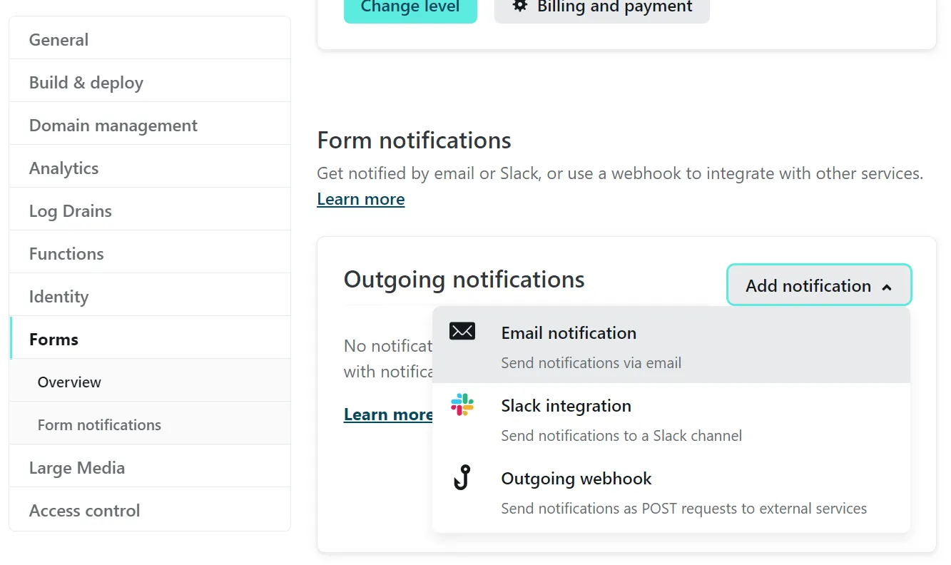 Interface Netlify pour configurer les notifications d'envoi de mails