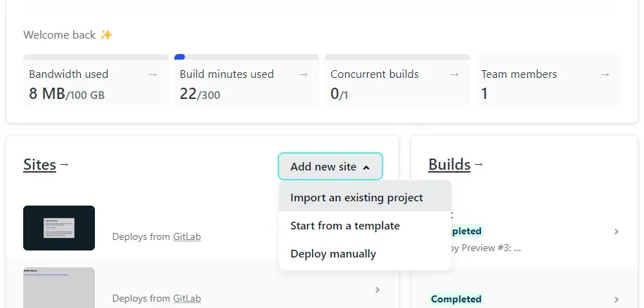 Netlify Interface for importing an existing project