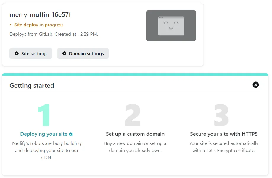 Netlify interface indicating that the site is being deployed