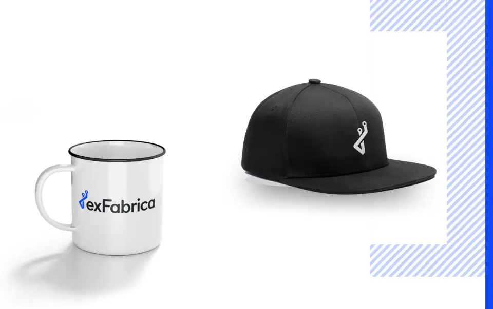 Utilization of the exFabica logo on a mug and a cap