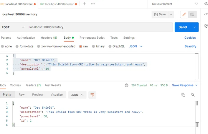Postman creation of an inventory item