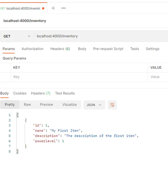 Postman : call GET localhost:4000/inventory with a return element