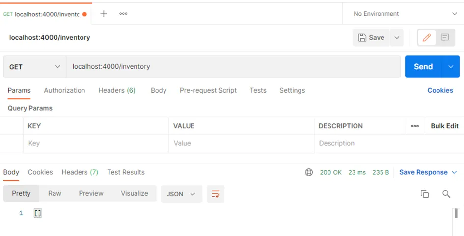 Postman : call GET localhost:4000/inventory